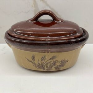 Vintage 1980s Lidded Bowl with Wheat Design Stoneware Ceramic Casserole Dish